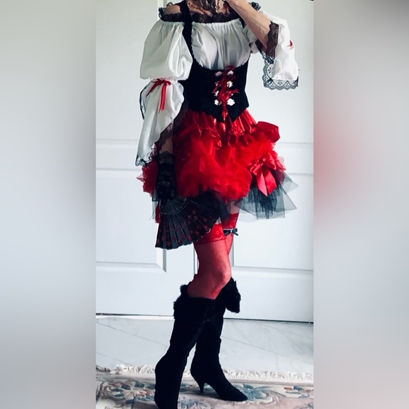 Costume mini skirt Ruffles ribbons tulle & bows Red & Black elastic waist sz S-L - Picture 4 of 10